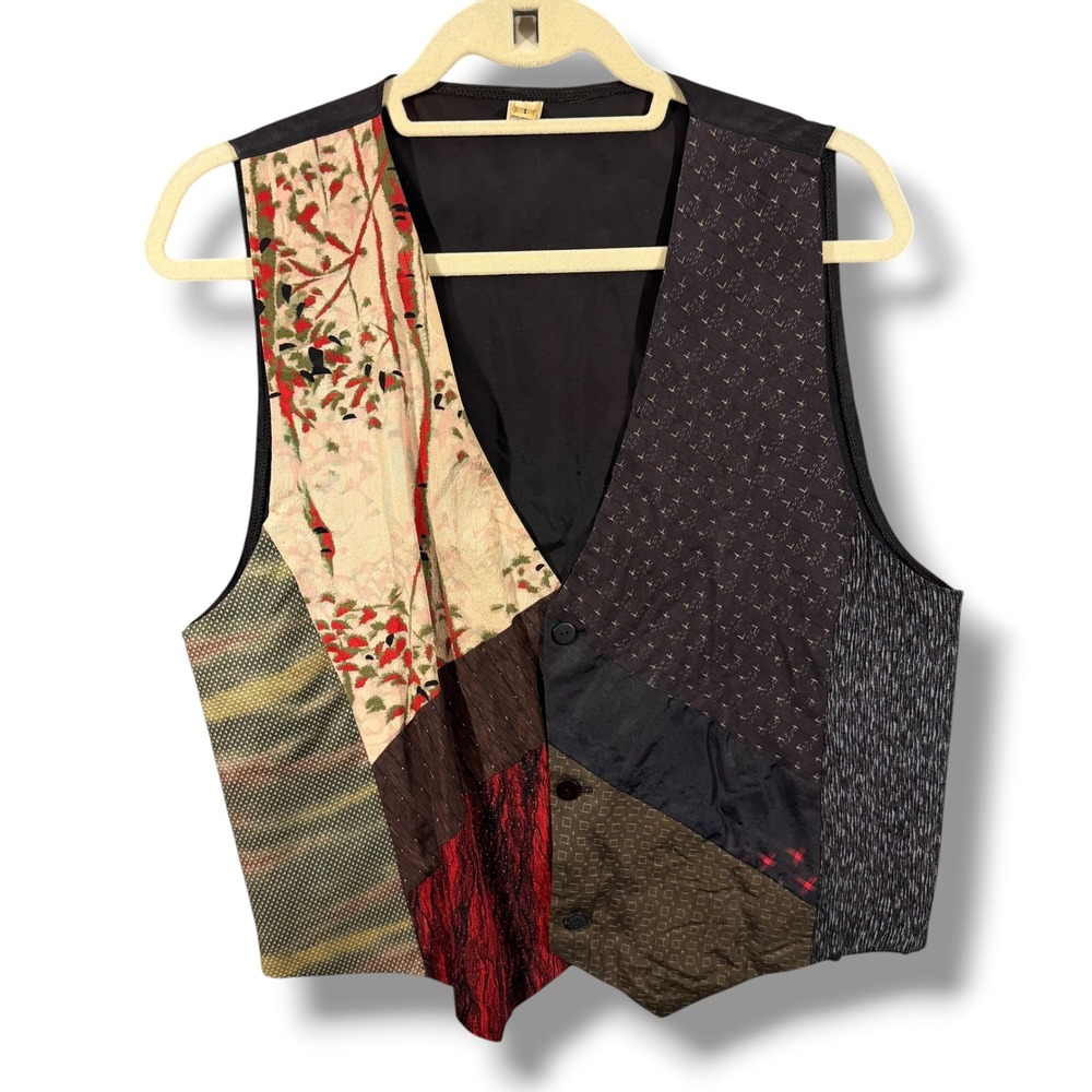 Vintage Patchwork 3 Button Vest Multicolor Silk Blend Artisan Brocade Size Large